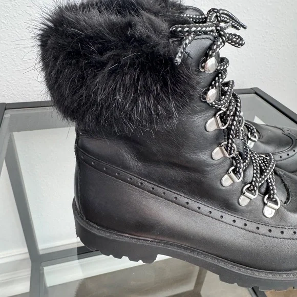 CHARLES DAVID Leather Black Combat Boots Faux Fur Trim Size 8 - Picture 2 of 14